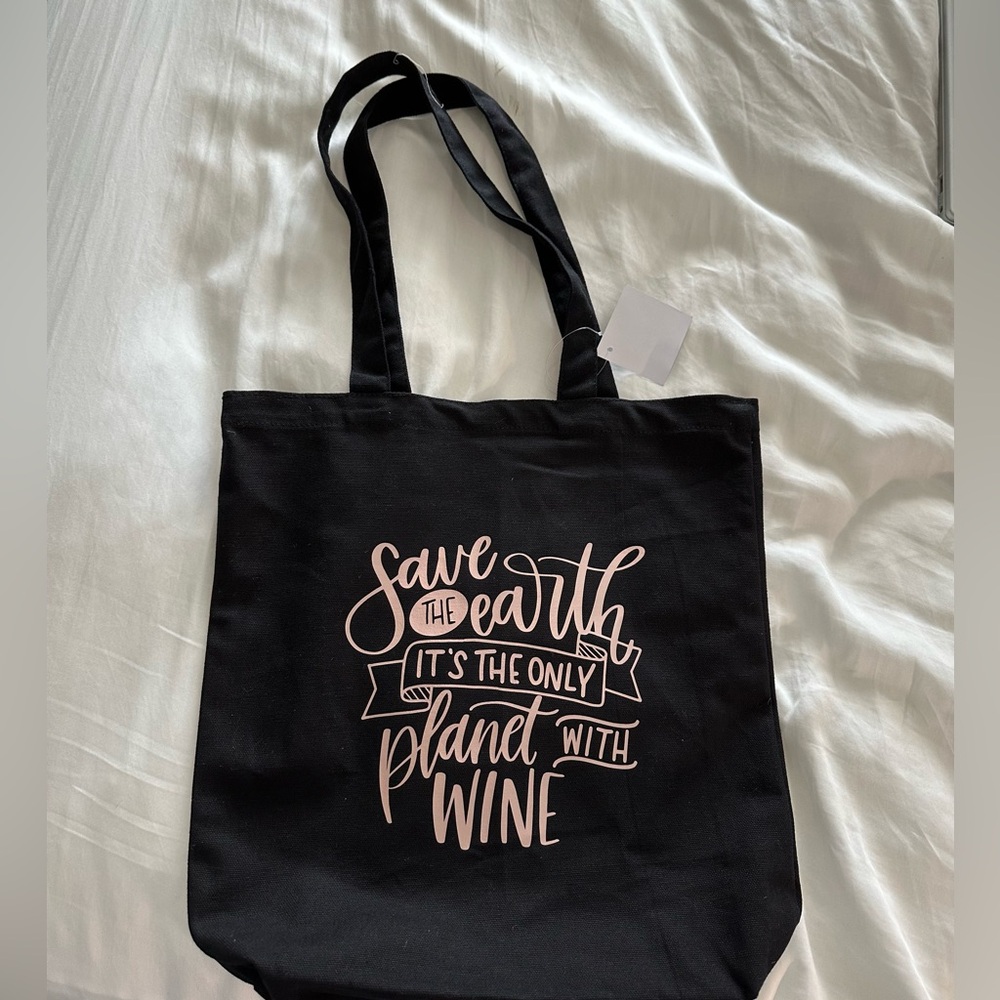 Black Tote Bag with Wine Quote